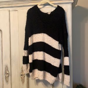 Loose knit black and white striped tunic sweater